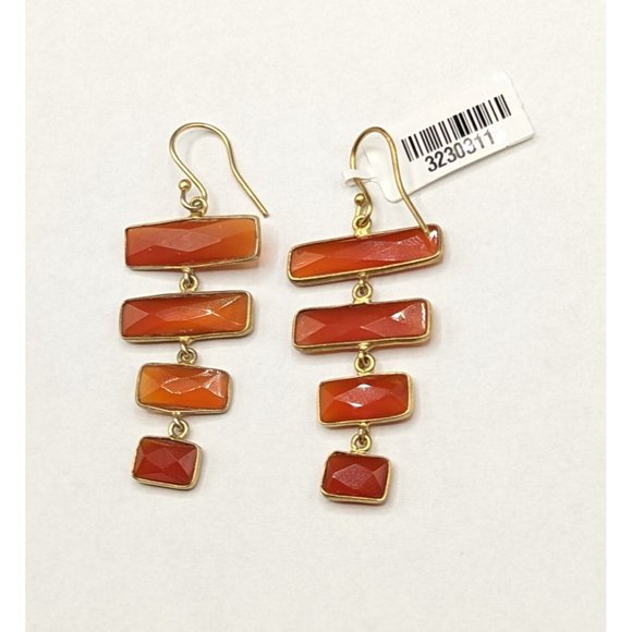 Faceted Orange Red Carnelian Gemstone Stone Dangle Gold Tone Hook Earrings - Picture 6 of 9